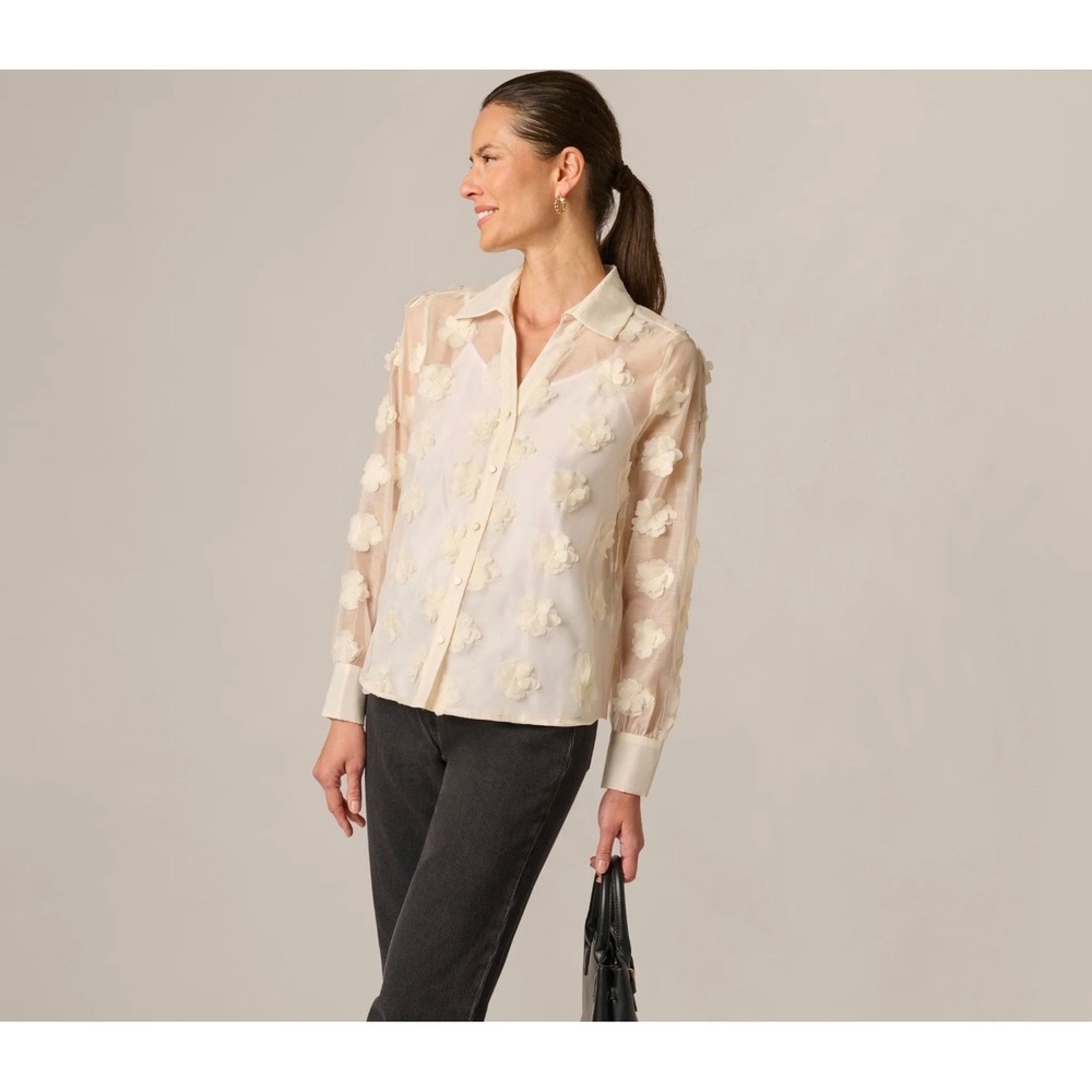 Adrianna Papell Womens 3D Floral Applique Sheer Button Down Blouse Creamfrost XL